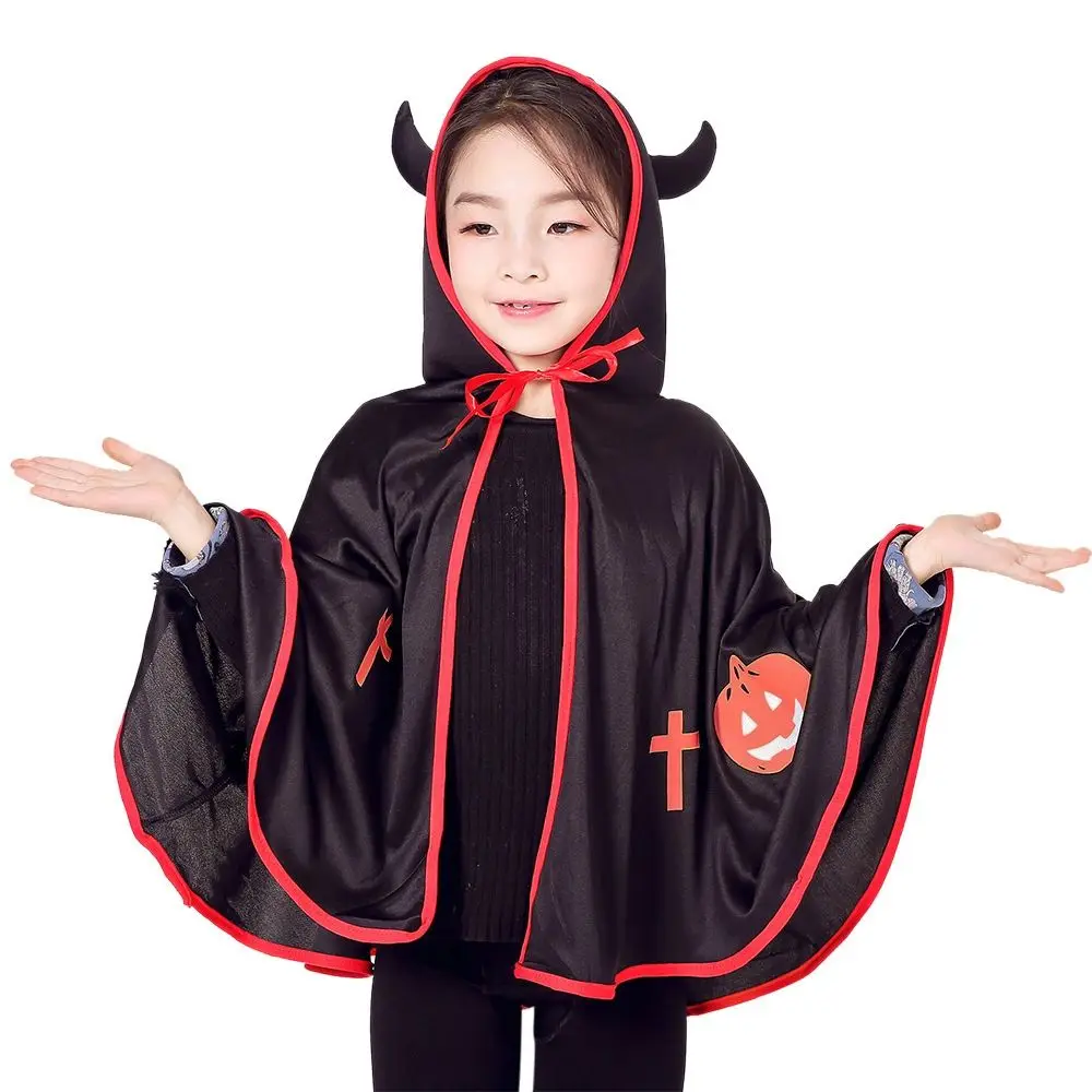 Child Cartoon Halloween Party Cloak Witch Devil Horn Cloak Cosplay Costume Hooded Cloak Cosplay Props