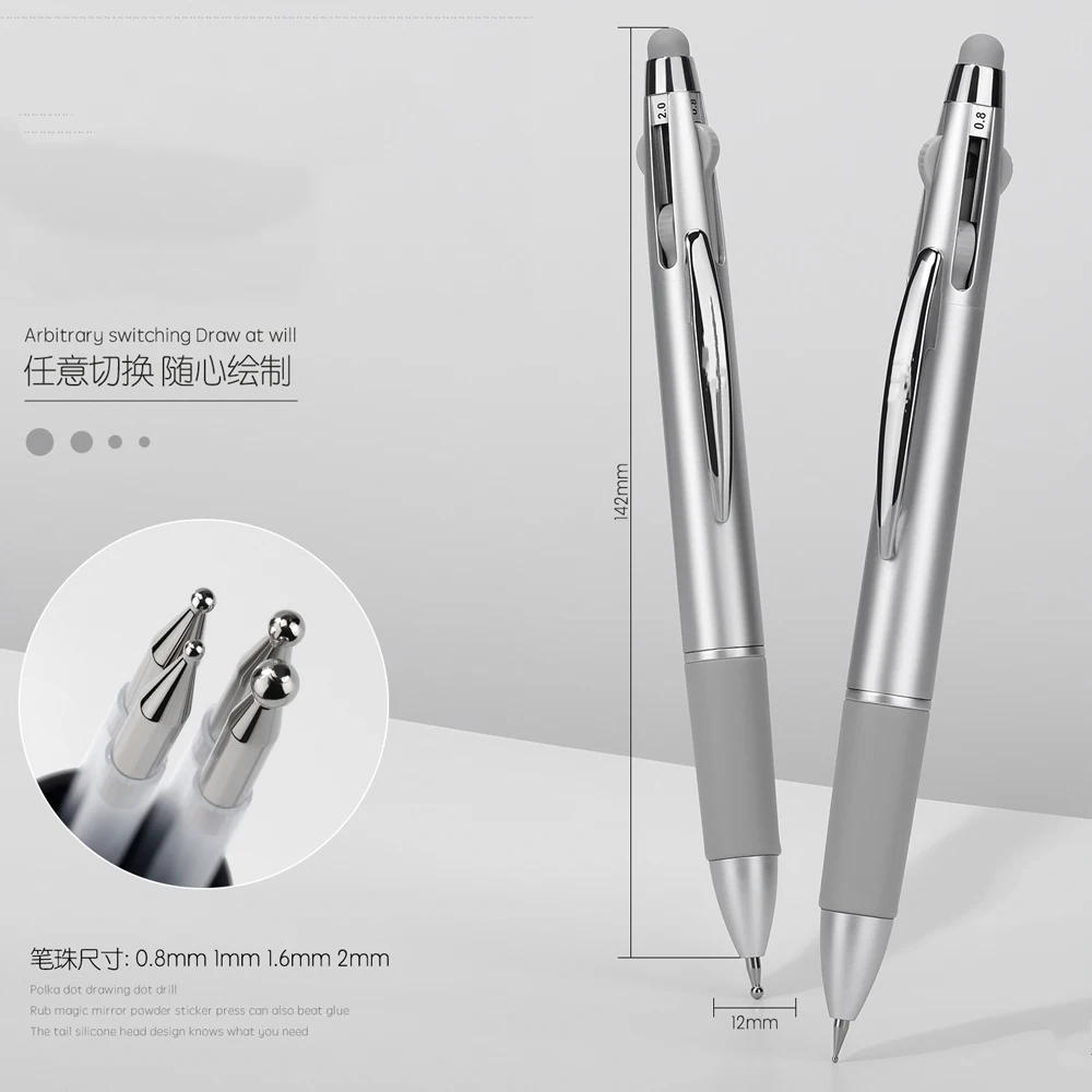 5-in-1 Double-end  Nail Dotting Pen Silicone Chrome Powder Brush  0.8/1/1.6/2mm Size Ballpoint Pen Design Nail Gems Dotting Tool