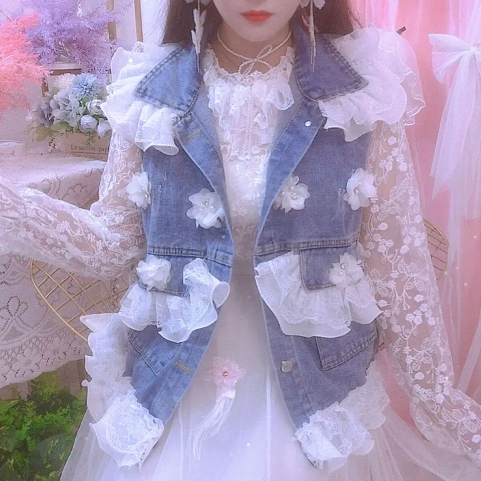 

Women Vest Coat New Nail Bead Inlaid Diamond Three-dimensional Flower Denim Vest Jacket with Lace Border