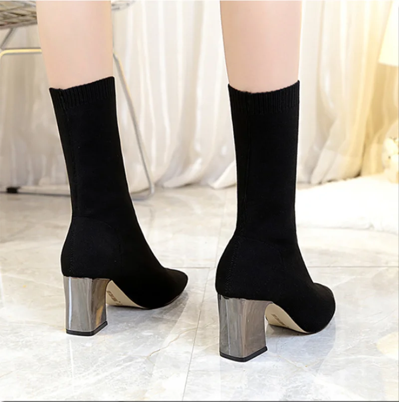 Autumn winter elastic fabric ankle boots women\'s shoes pointed thick heel stretch boots knitted stockings sizes 34-43