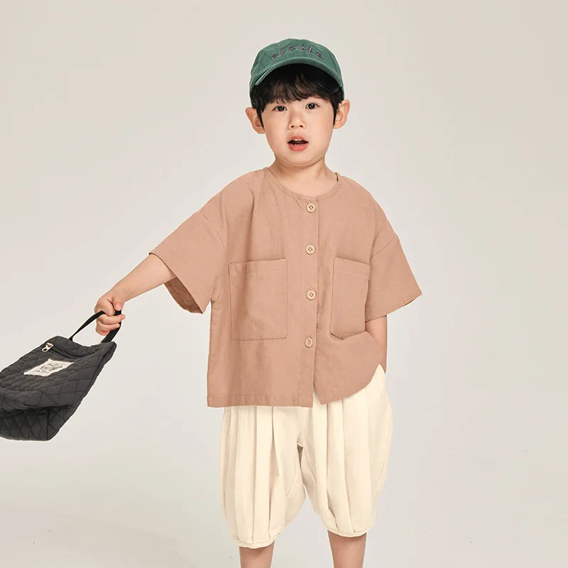 Blouses 2024 Childrens Clothing Boys Shirt Summer Korean Round Neck Short Sleeved Cotton Thin Tops Round Collar