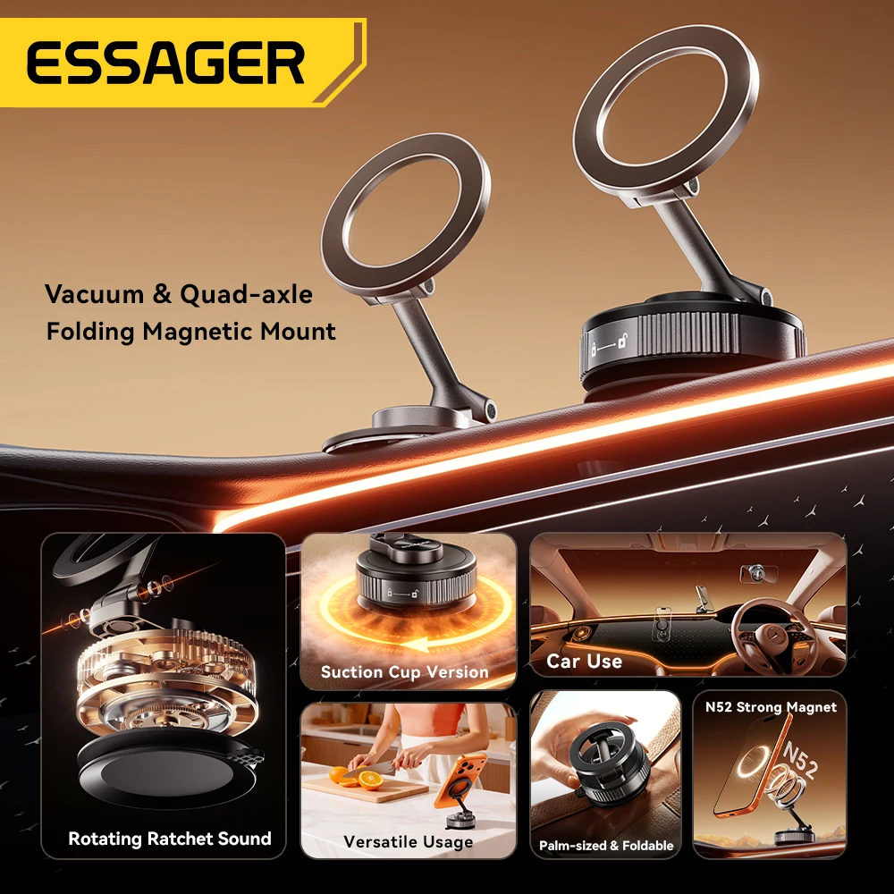 

Essager Magnetic Stand Suction Cup Phone Moun 360° Adjustable Car Phone Holder for iphone 17 16 15 Samsung Foldable Car Mount