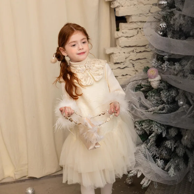 2026 Winter Spring New Year Party Fashion Sweet Fleece Lined Princess Hem Sheer Skirt  Sleeveless Dress 2-12 Year Toddler Outfit view 3