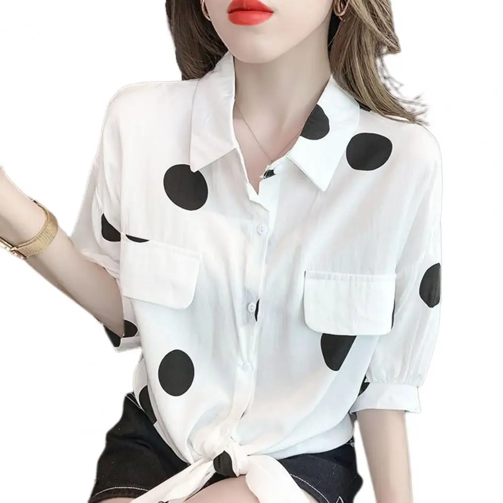 Dot Print Shirt Loose Fit Lapel Long Sleeve Women\'s Shirt Single Breasted Workwear with Fake Flap Pockets Featuring Dot Print