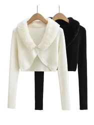 Women Luxury Fur Collar Cardigans Long Sleeve Knitted Metal Buckle Crop White Chic Sweaters