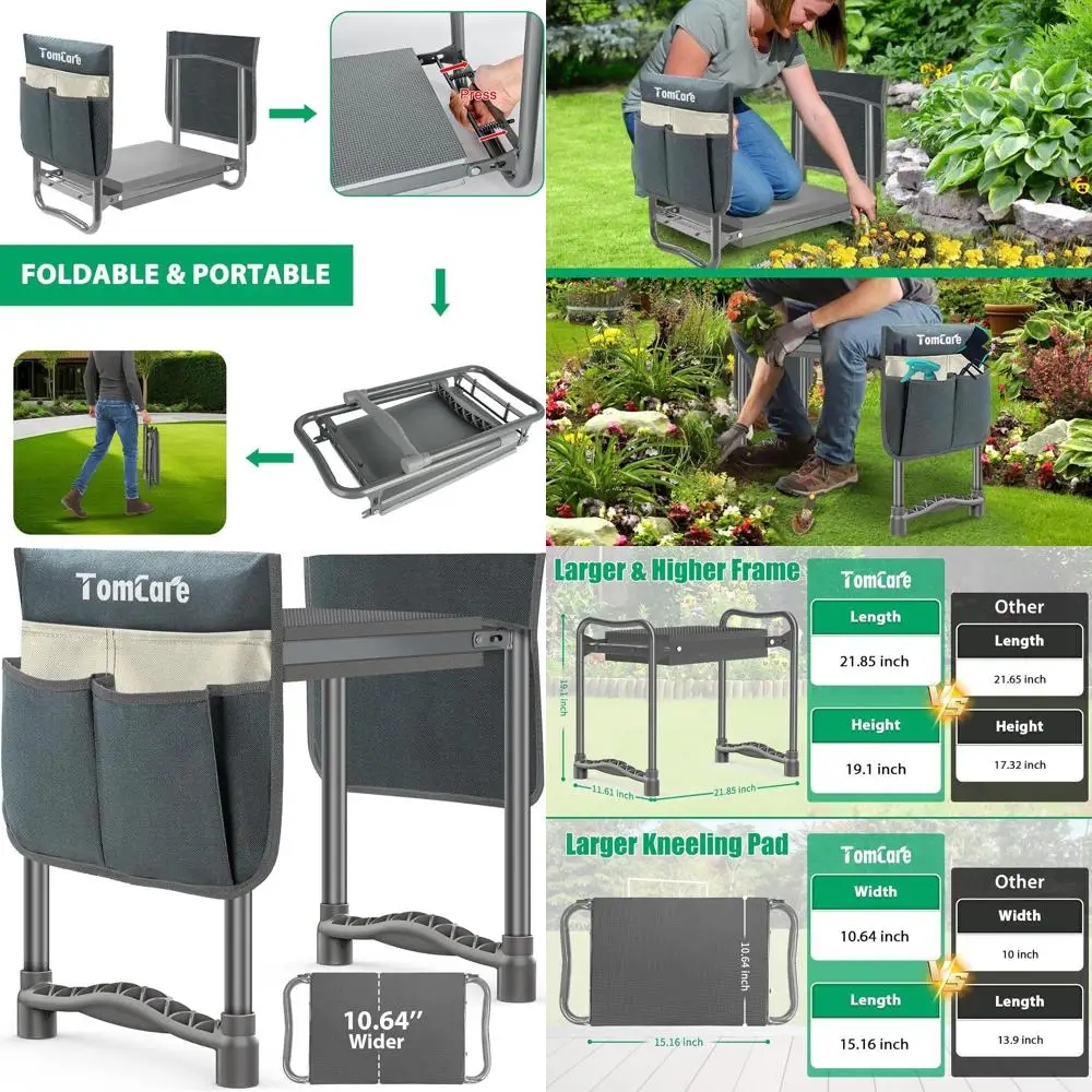 

Усиленная садовая подставка для колен с сиденьем и 2 карманами для инструментов, подходит для мужчин и женщин-садоводов, серая
