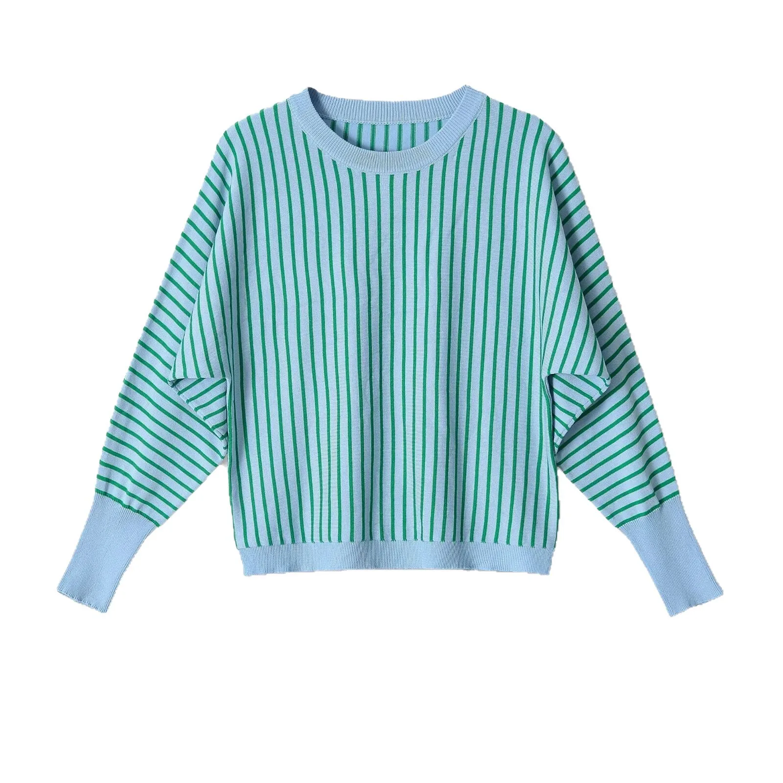 Vertical Striped Knit Hoodie Crew Neck Batwing Dolman Sleeve Loose Fit Thin Lightweight Casual Spring Women Sweater Top
