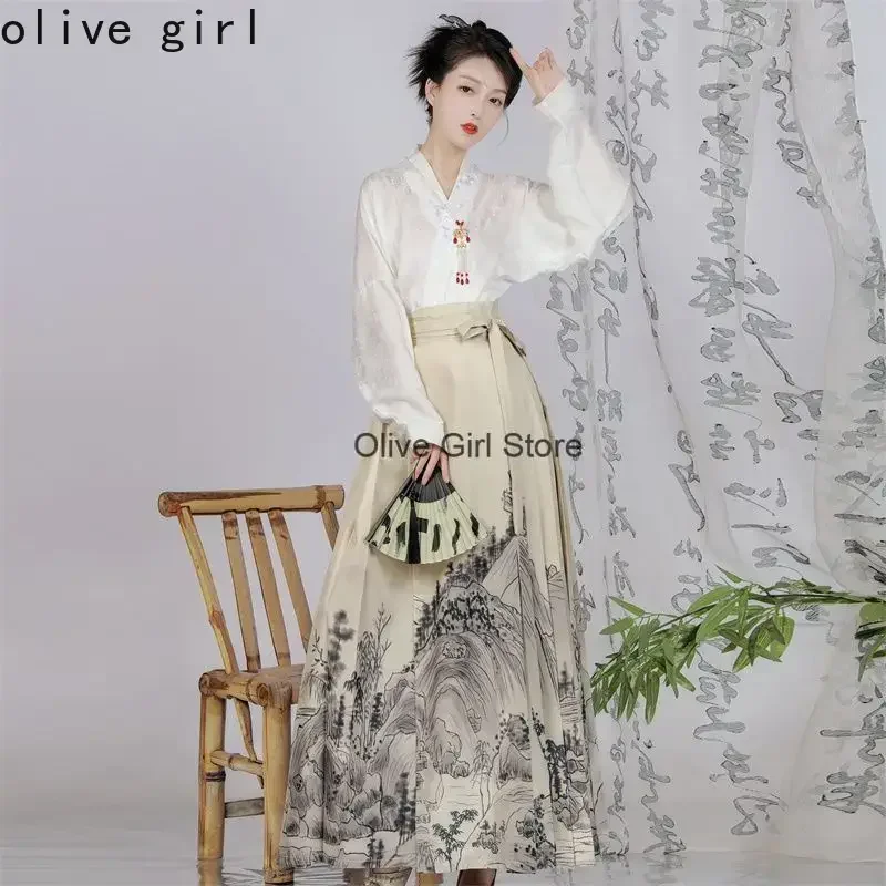 Vliegtuigmouwen Paardengezicht Rokken Chinese Traditionele Jurk Set Hanfu Borduren Bruiloft Dagelijks Ming Stijl Cosplay Kantoor Dame