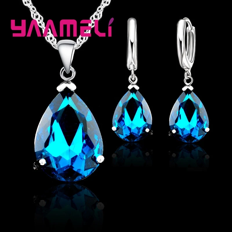 Elegant Water Drop Woman Party Wedding Jewelry 925 Sterling Silver AAA Cubic Zircon Fashion Crystal Earring Necklace Set