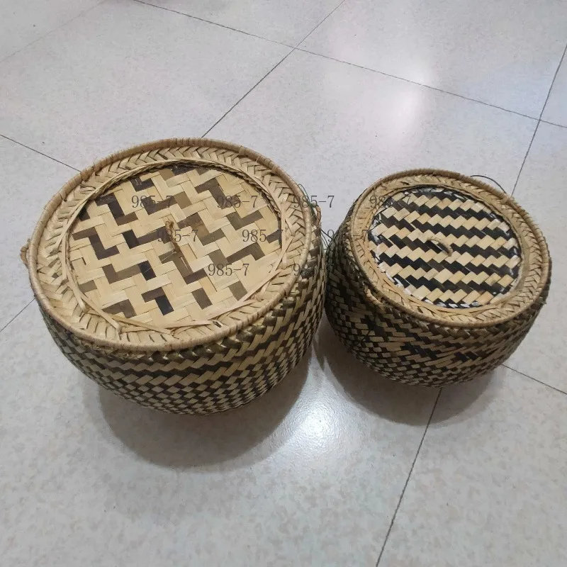 Thai Sticky Rice Round Bamboo Box, Handmade Natural Bamboo Basket for Fruit Bread Serving Tea Storage Home Ornament