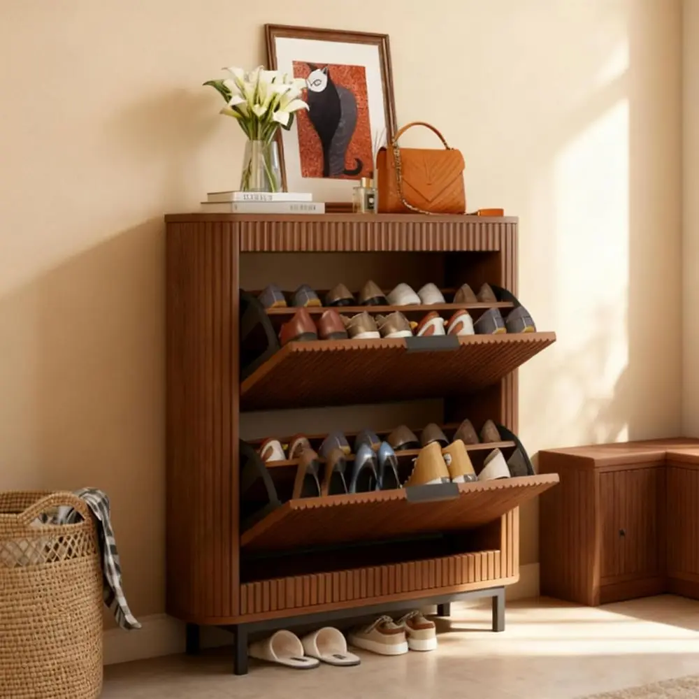 

Modern Walnut Oak Shoe Cabinet with 2 Drawers and Open Storage, Fluted Design for Entryway or Hallway