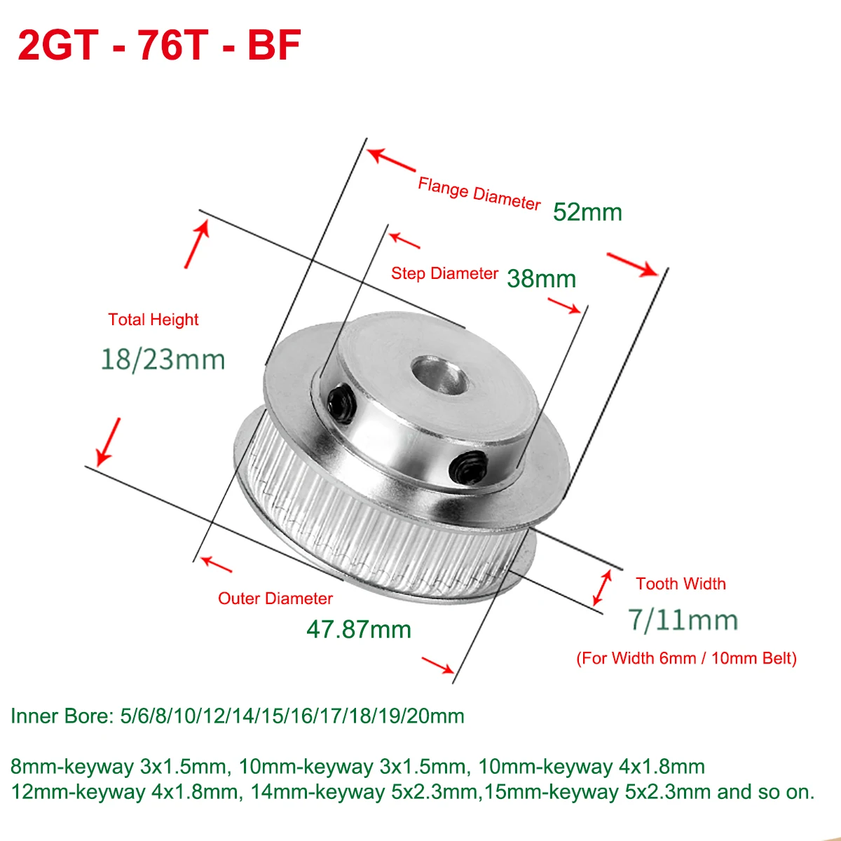 

2GT 76T Timing Pulley Bore 5/6/8/10/12/14/15/20mm BF keyway Synchronous Wheel For Width 6/10mm GT2 Timing Belt 3D Printer Parts