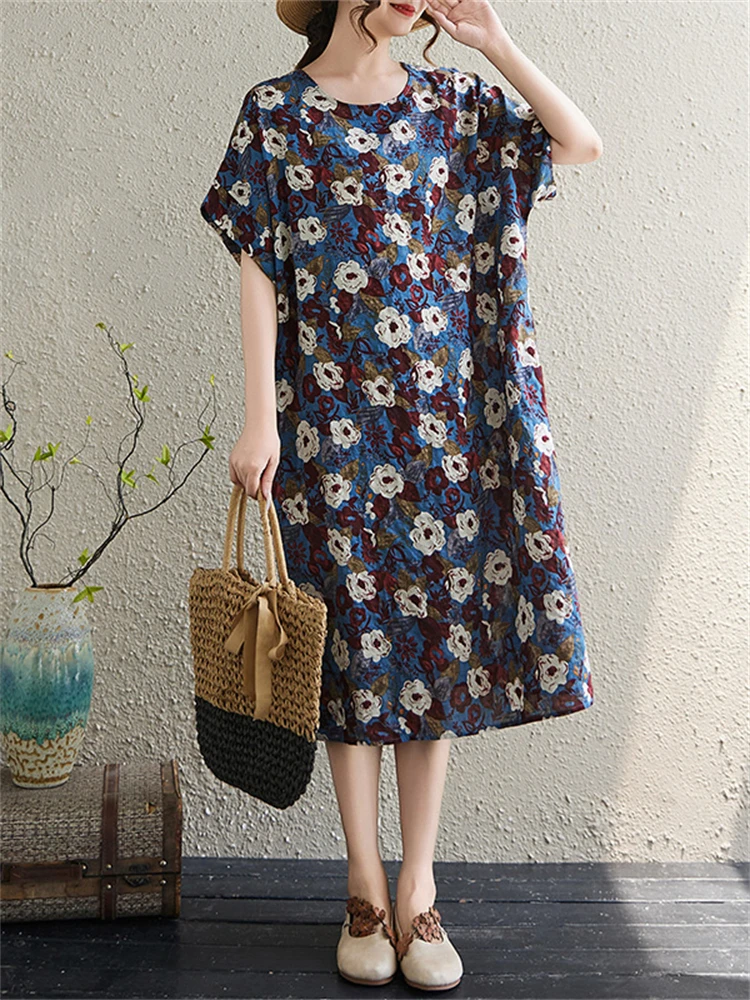 Baumwolle Vintage Floral Print Kleider Für Frauen Sommer Kurzarm Casual Lose Lange Kleid Vestidos Femme Robe Elegante Kleidung