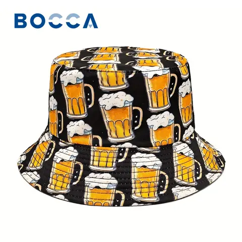 Bocca Cartoon Beer Bucket Hat Funny Printing Pattern Fisherman Hats Double Sides Panama Cap For Men Women Outdoor Sun Summer New