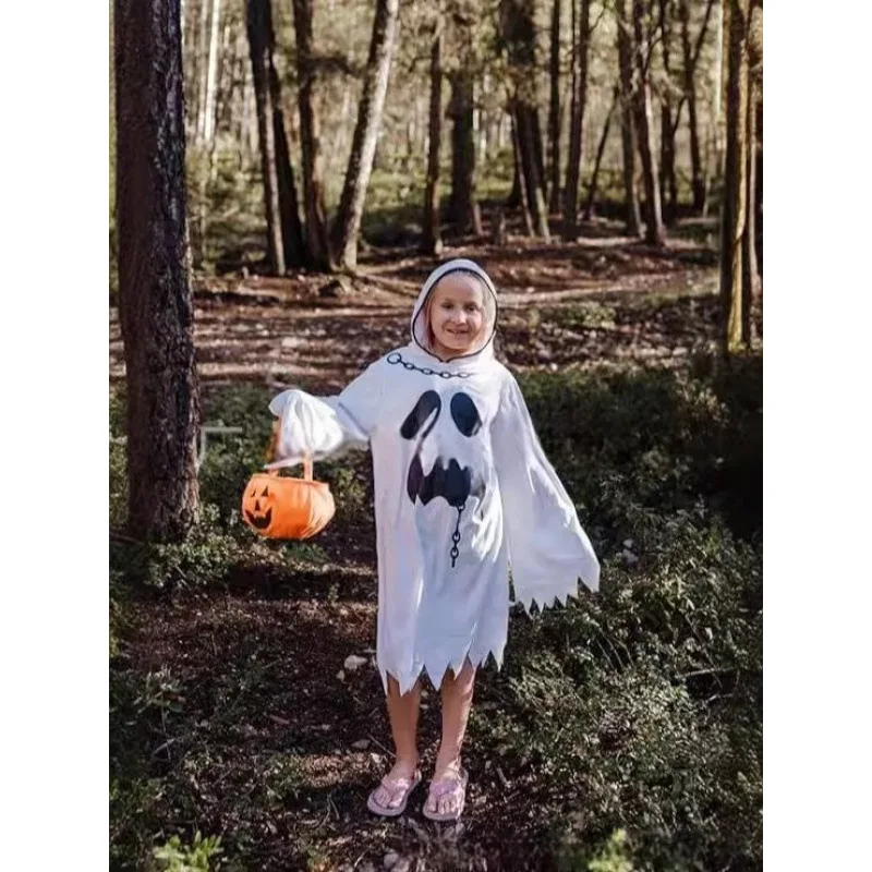 Ghost Cloak White and Black Costume Vampire Cosplay Horror Theme Clothes Role Play Outfit Halloween Carnival Party view 3