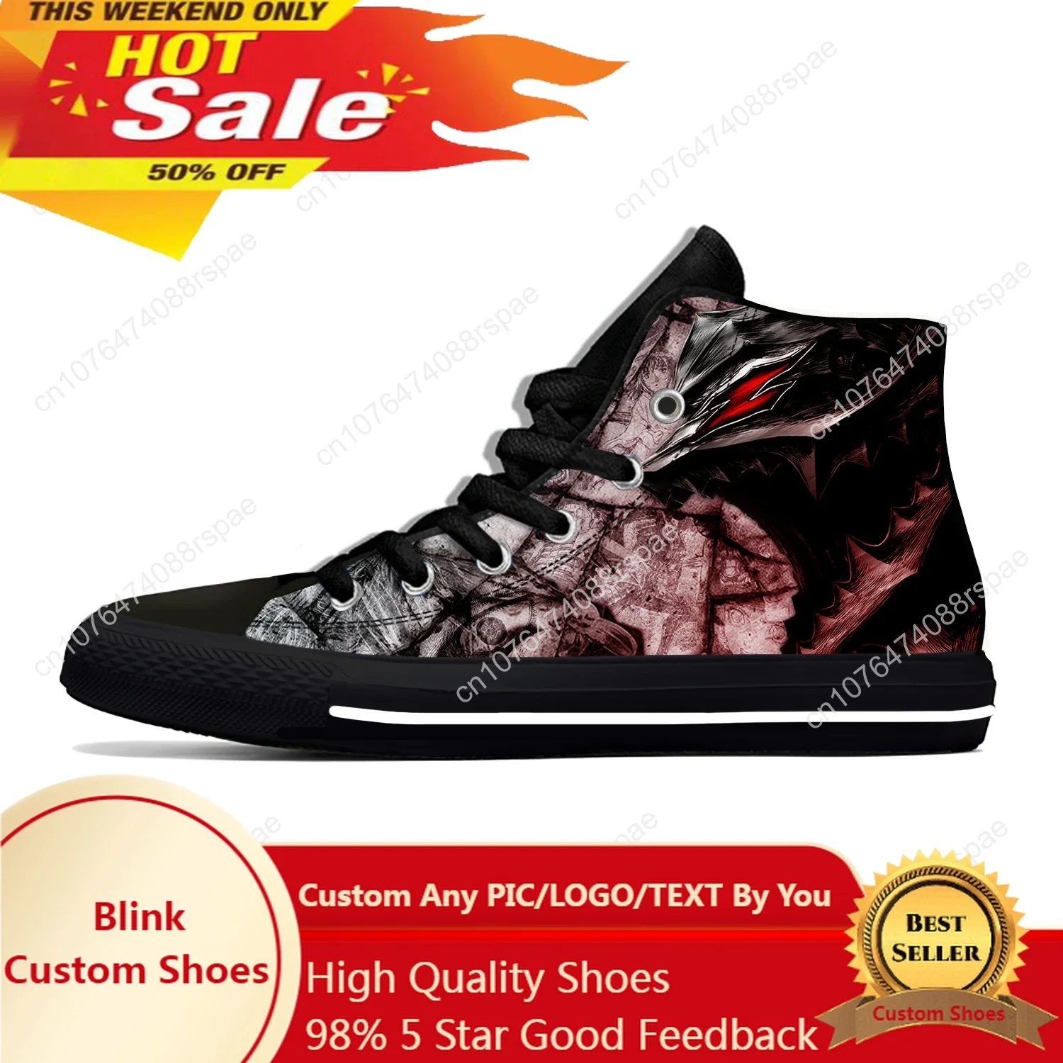 

Anime Manga Cartoon Berserk Guts Black Swordsman Casual Cloth Shoes High Top Lightweight Breathable 3D Print Men Women Sneakers