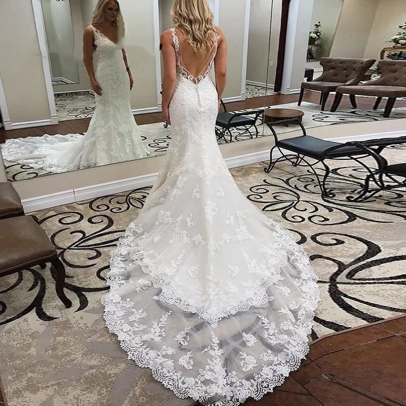 

ANGELSBRIDEP Vintage V-Neck Mermaid Wedding Dresses Robe De Mariee Backless Appliqued Lace Formal Bride Dresses Court Train