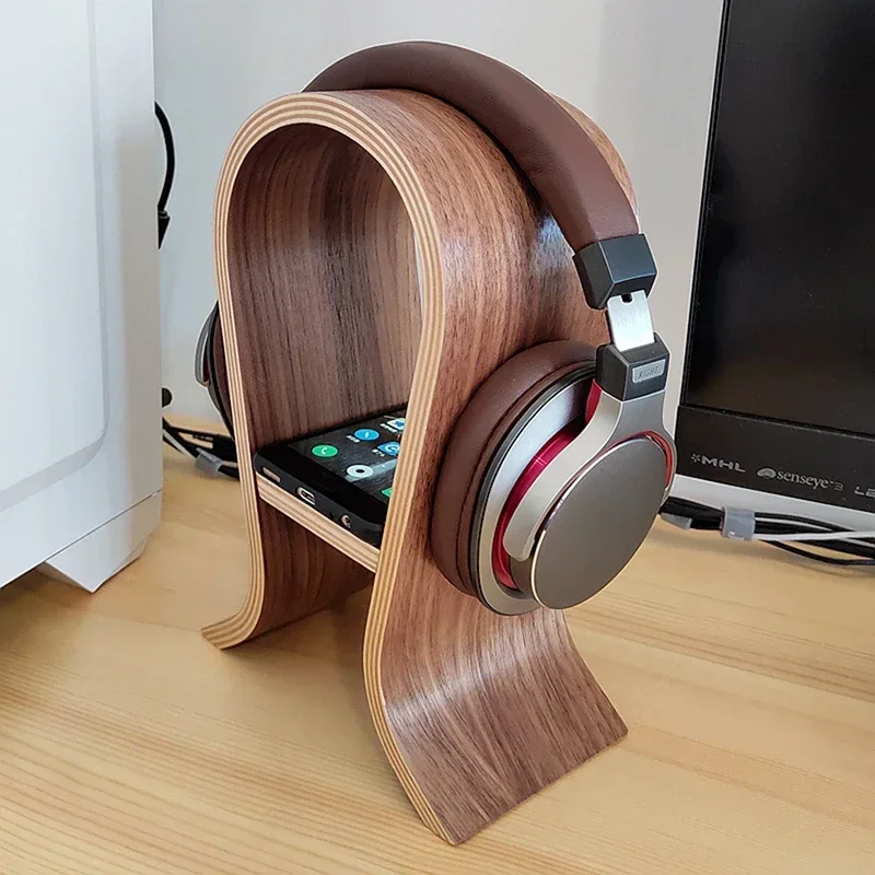 Headset Stand for Office Desk Gaming Headphone Display Holder Hanger Wooden Walnut with Cellphone Holder, 10cm/ 12cm Width