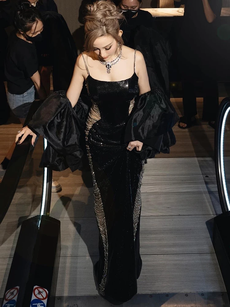 Sequins Chains Long Dress Black Backless Dress Spaghetti Straps Cut Out Elegant Maxi Cocktail Evening Party Gowns Vestido
