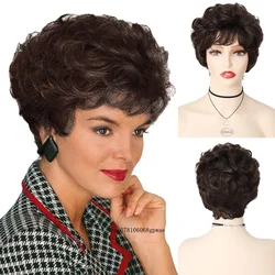 Women's Wig Short Curly Hair Dark Brown Wigs with Bangs Natural Daily Fluffy Hairstyle Grandma Mommy Gift Wig Cosplay Party Use