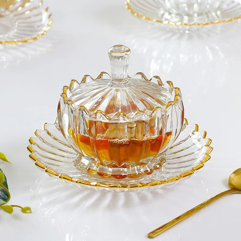 Best Sell Light Luxury Nordic Golden Edged Transparent Crystal Glass Dessert Bowl with Cover Bird's-nest Cup Exquisite Tableware