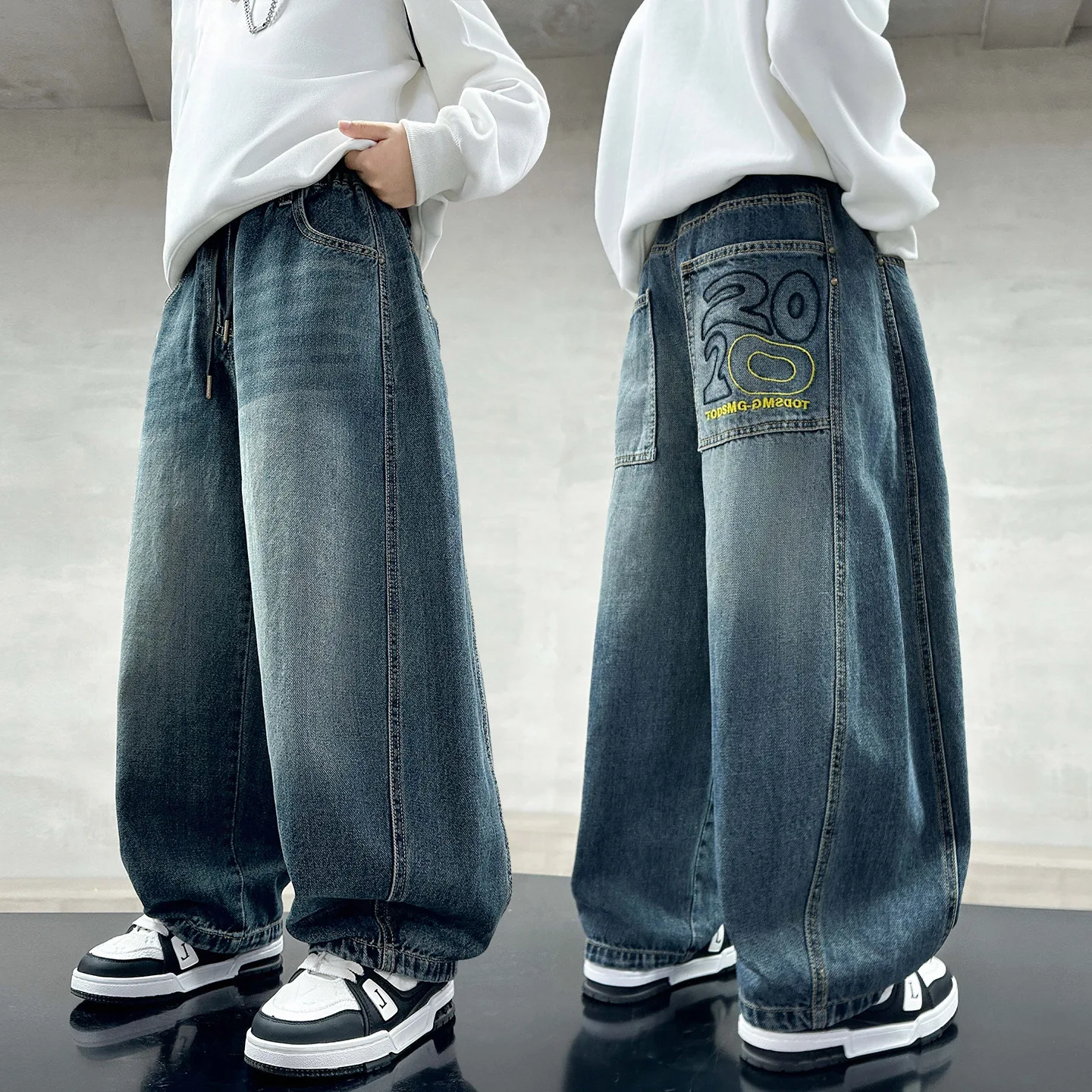 

Джинсовые брюки для мальчиков-подростков, весенне-осенние, новые, модные, с надписями, повседневные, свободные, прямые, для возраста 4-14 лет