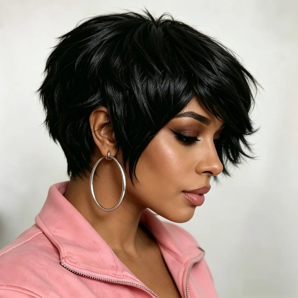 6 Inch Real Human Hair Pixie Cut Wig Black Short Layered Bob Wig Natural Looking For Women Full Machine Made Wig