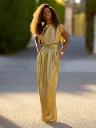 Freeacy 2025 Spring Fashion Solid Gold Skirt Sets Round Neck Cap Sleeves Shirt Top and High Waist Skirts Casual Suits for Women