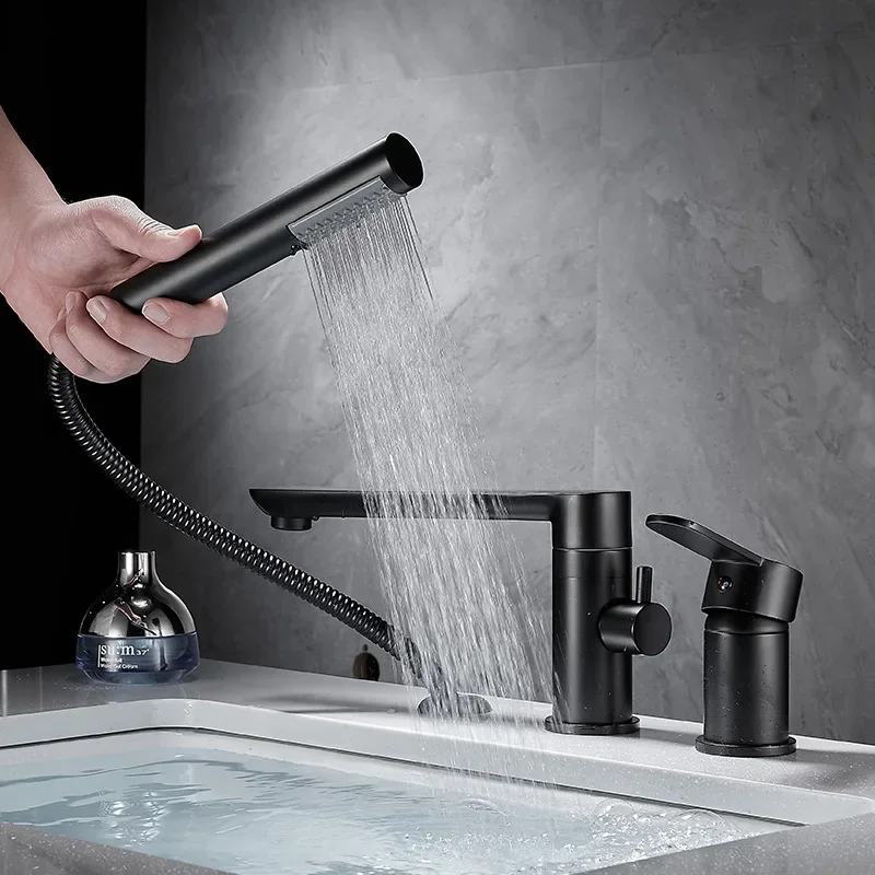 3-Hole Bathtub Faucet in Gold/Black/Chrome Widespread Basin Mixer with Hand Shower Head Hot & Cold Control Bathroom Faucet