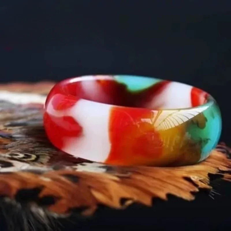 Colorful Jade Bracelets Chicken Blood Floating Flowers Gobi Jade Widen Thicken Jade Bracelet Floating Flowers Bracelet