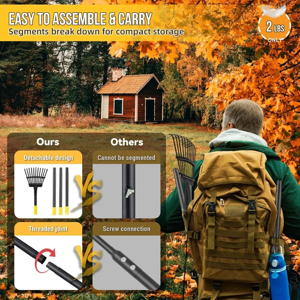 Adjustable Leaf Rake 30"-60" Long Handle, 11 Tines 8.5" Wide, Heavy Duty Metal for Lawn, Garden, Yard, Camping, Shrub, Grass, Weed, Debris view 6