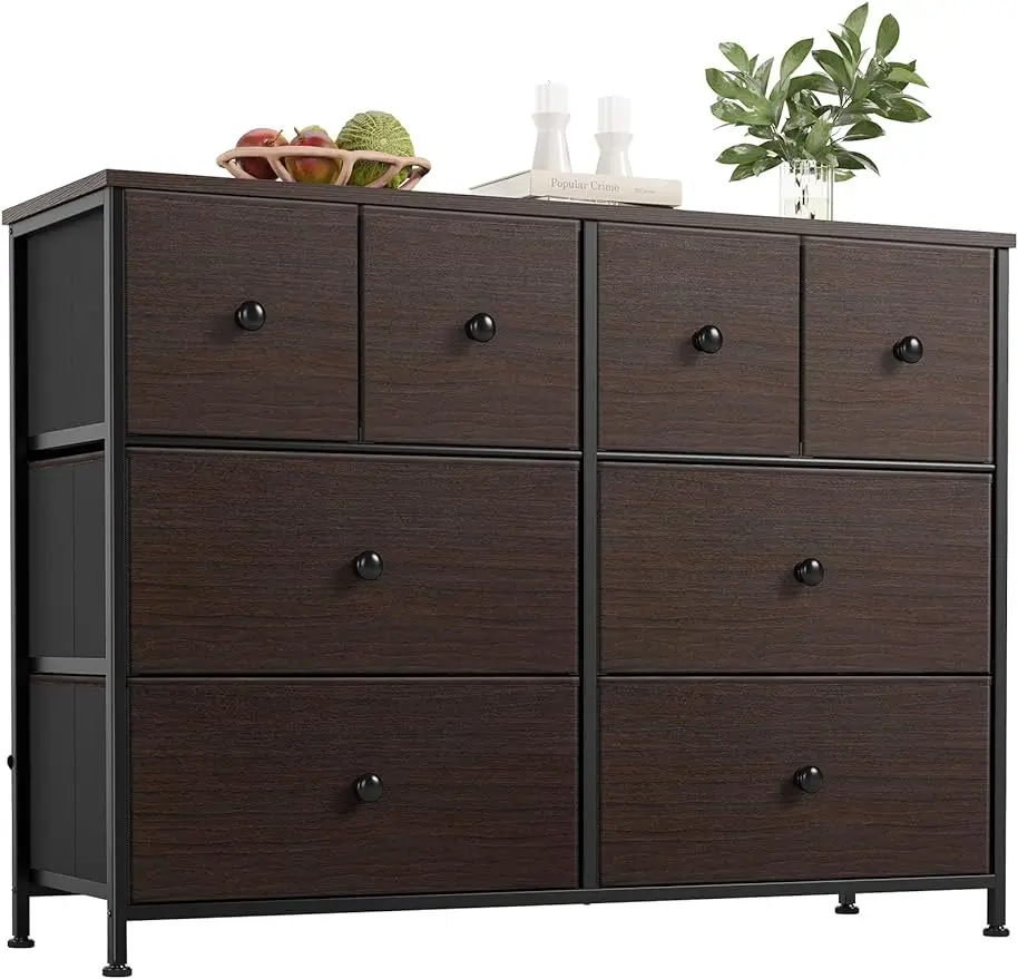 8 Drawer Dresser Faux Leather Chest of Drawers Fabric Dresser with Wooden Top Storage Organizer Unit Closets (Rustic Brown)