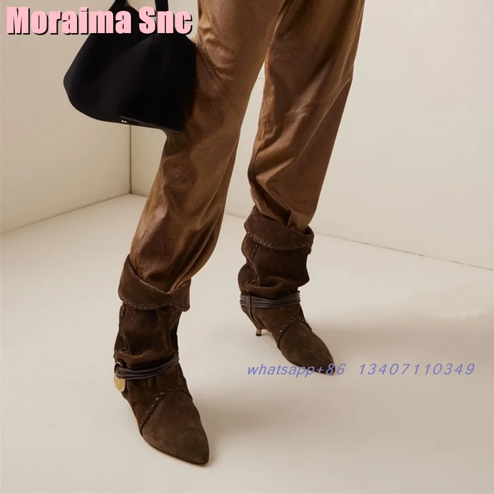 

2024 Autumn Winter Women's Ankle Boots Pointed Toe Pleated Strange Mid Heel Ankle Strap Metal Decor Mid-calf Boots Brown Solid