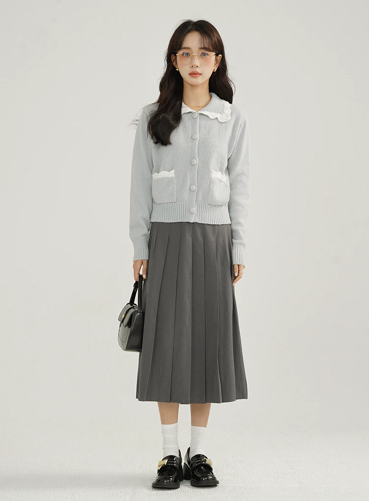 Sweet Baby Blue Cardigan | Contrast Trim Doll Collar Knit Sweater | Soft Cozy Long Sleeve Button Front Knitwear for Women Winter