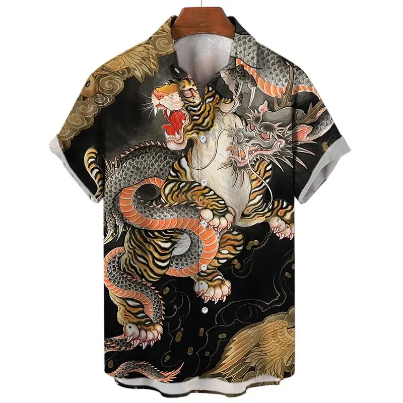 Men\'s Fashion Harajuku Casual Short Sleeve Social Vintage Hawaiian Floral Summer Shirt Dragon Printed Beach Cartoon Clothing