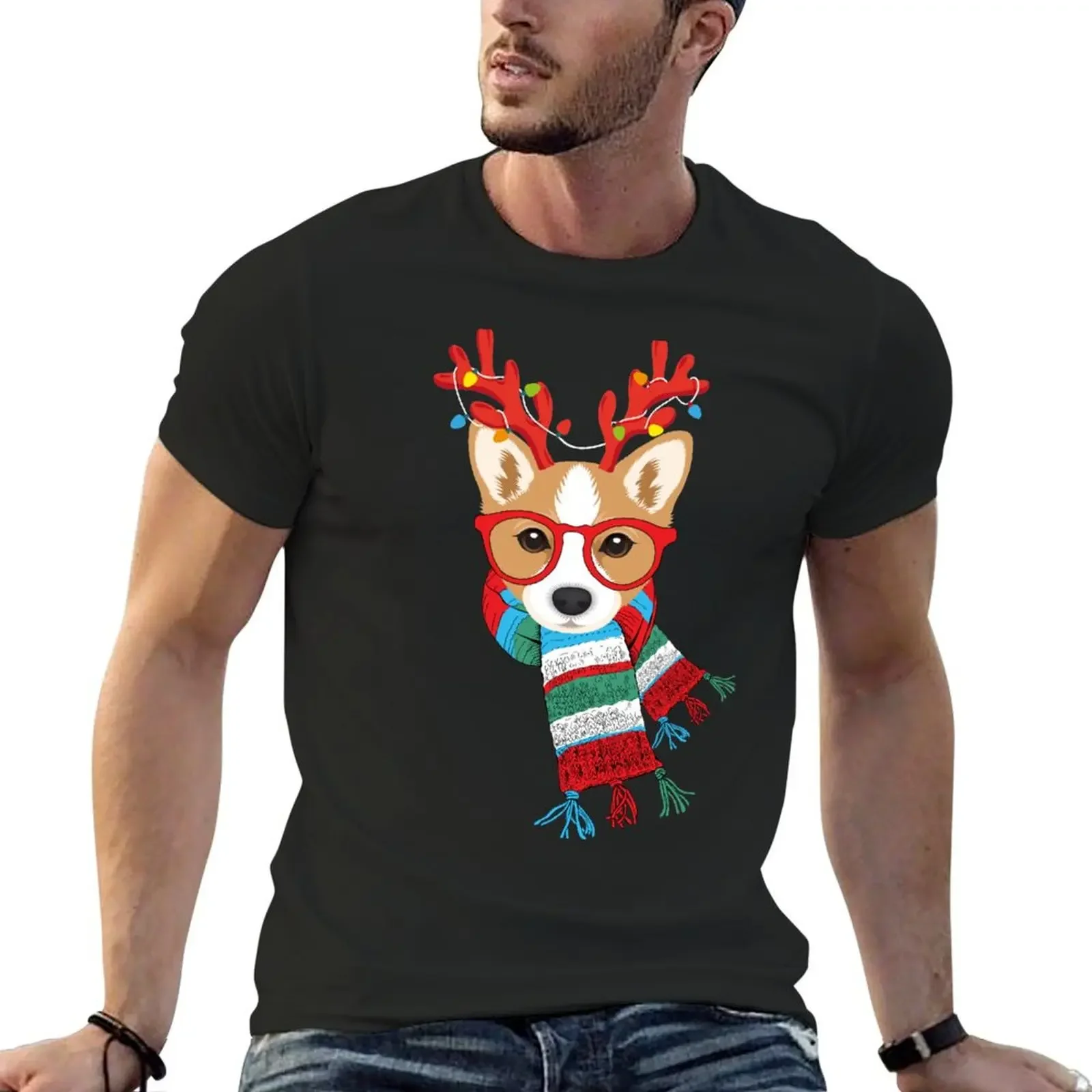 

Corgi Xmas Holidays Reindeer Christmas Lights T-Shirt animal prinfor boys vintage clothes blanks anime mens white t shirts