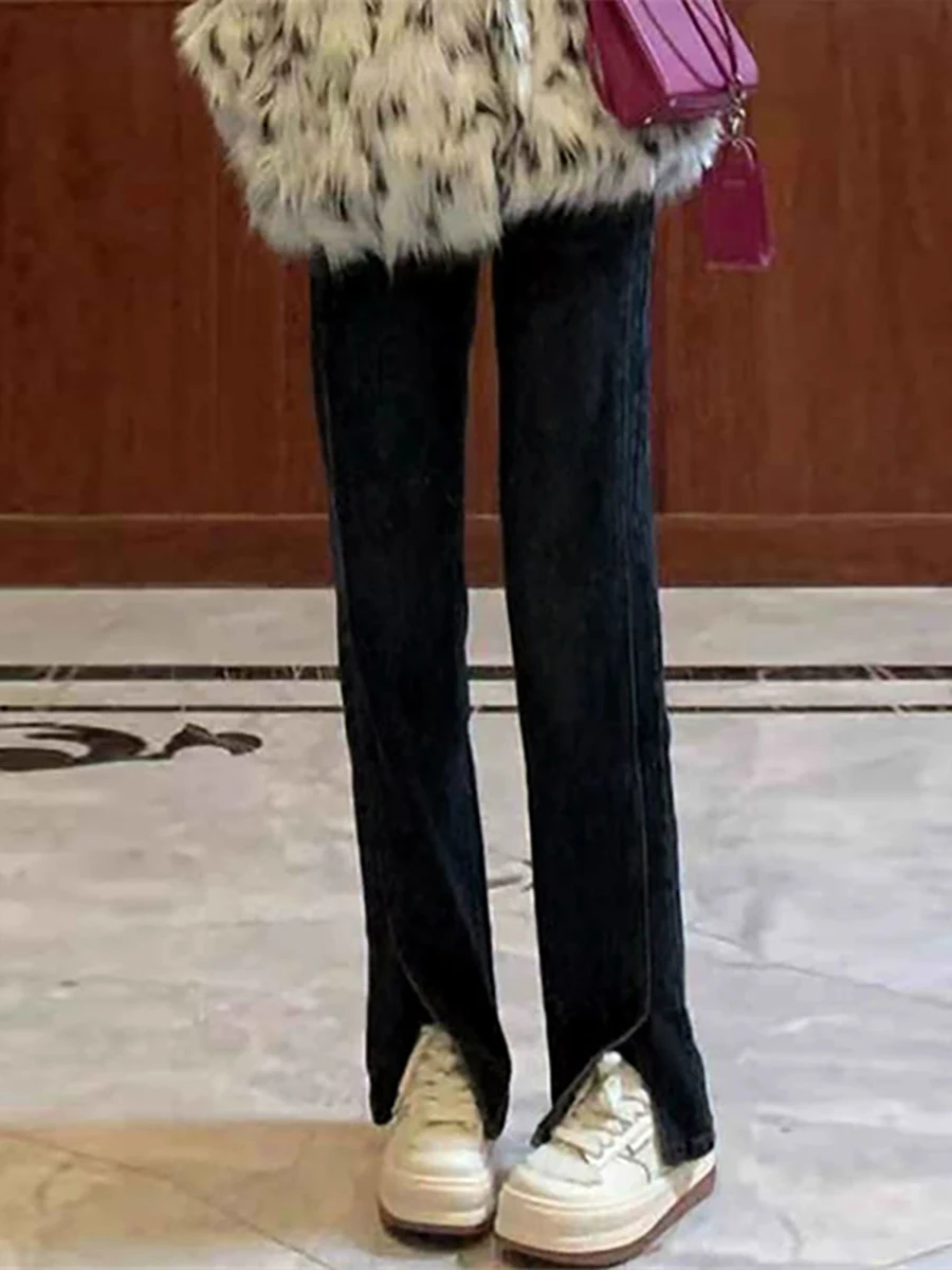 

Retro Chic Hong Kong Sle Slit Denim Jeans Women's Autumn Winter High Street Trendy plus Size Fat MM High Waist Straight Flo...