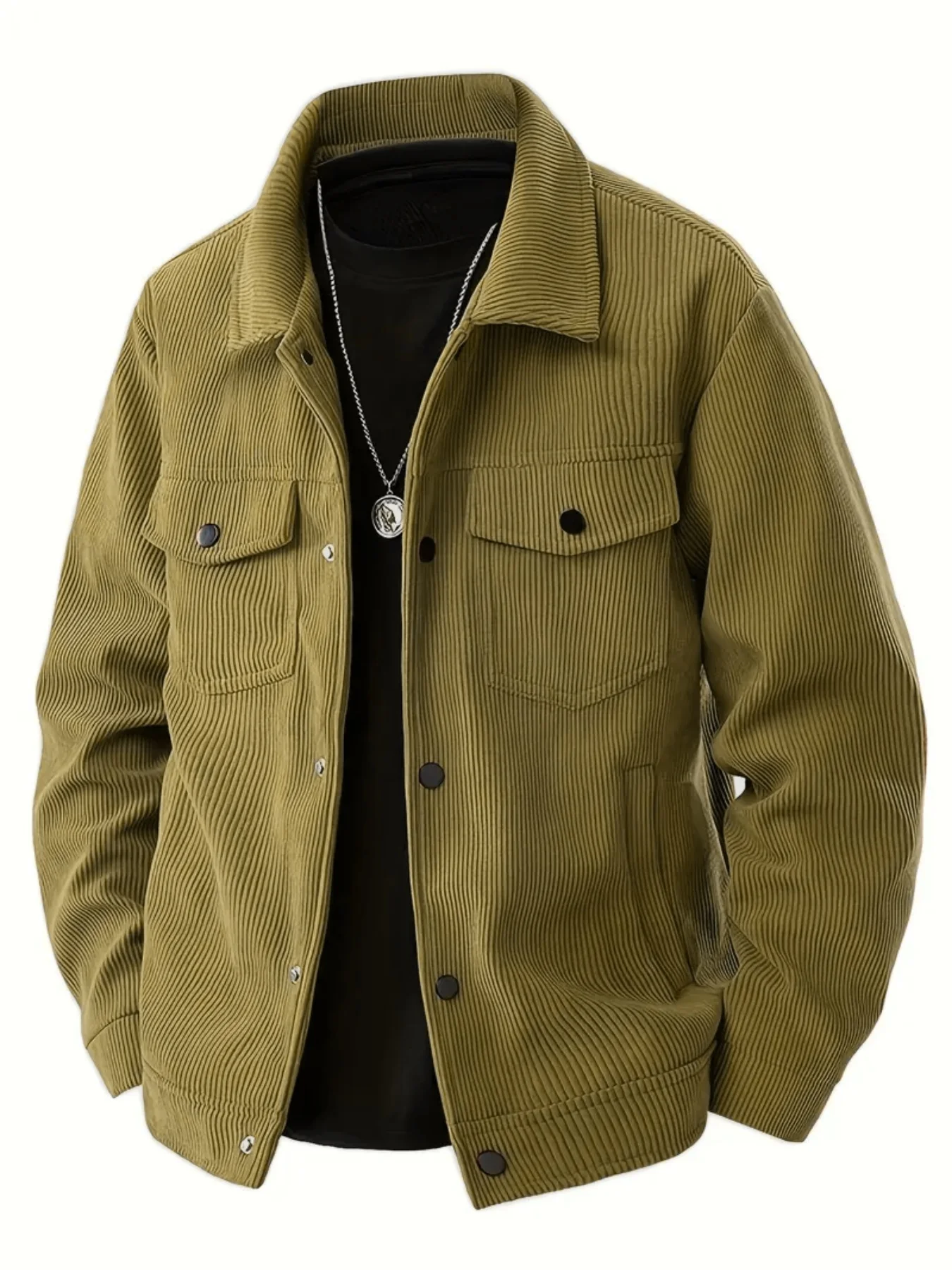 Veste en velours côtelé pour homme, col rabattu, boutons, poche poitrine, style décontracté vintage streetwear