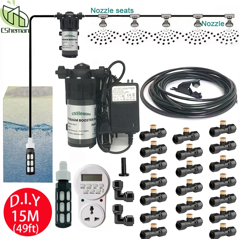 

Outdoor Misting System Kit with Silent Pump , 49ft Tube ,16pcs Thread Brass Misting Nozzle for Patio Garden Backyard