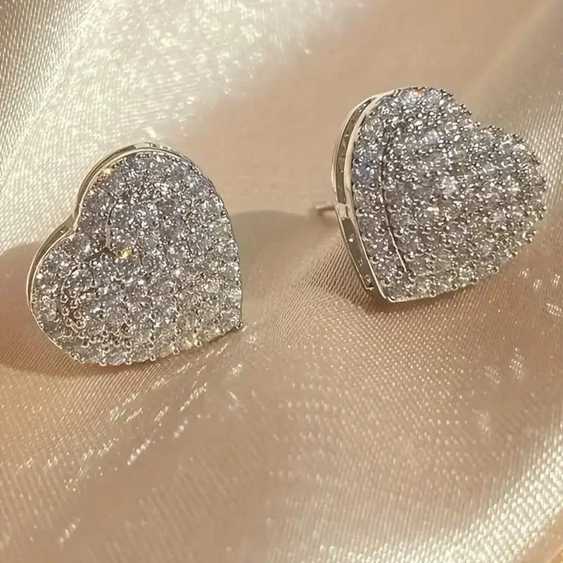 Luxury Full Pavé Heart Stud Earrings for Women, S925 Sterling Silver Double-Layered Cubic Zirconia Heart Ear Jewelry, Romantic Valentine's Day Gift for Girlfriend