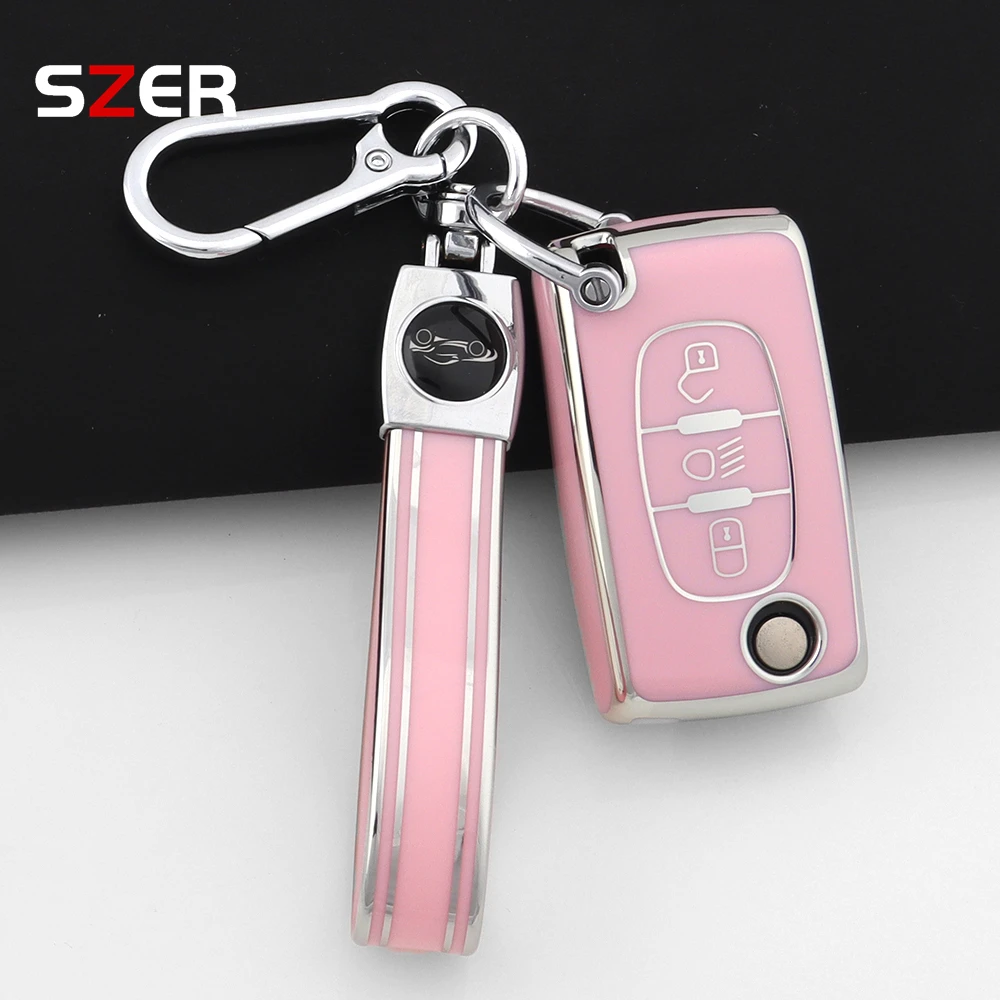 Rosa TPU Auto Flip Schlüssel Fall Abdeckung Shell Für Peugeot 107 207 307 308 407 607 3008 5008 Für Citroen Xsara Picasso C5 C6 C8 Keyless