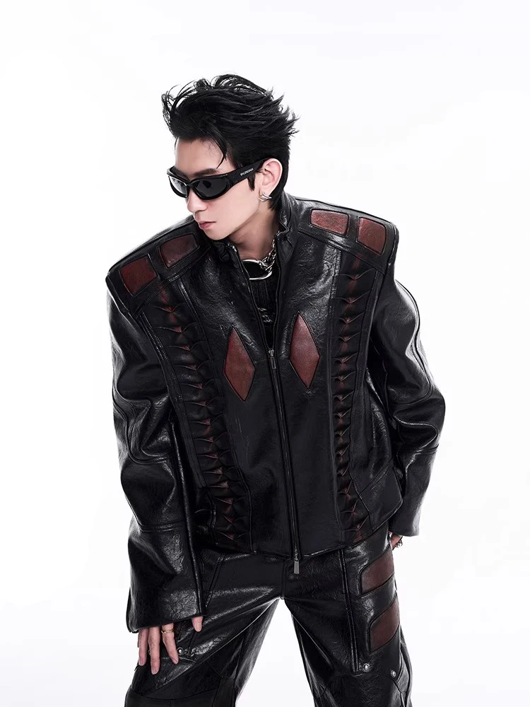 

Mauroicardi осень зима красивый прохладный утолщенный теплый цвет блок из искусственной кожи гоночная куртка мужская с плечевыми накладками на молнию с длинным рукавом роскошная дизайнерская верхняя одежда мужчины