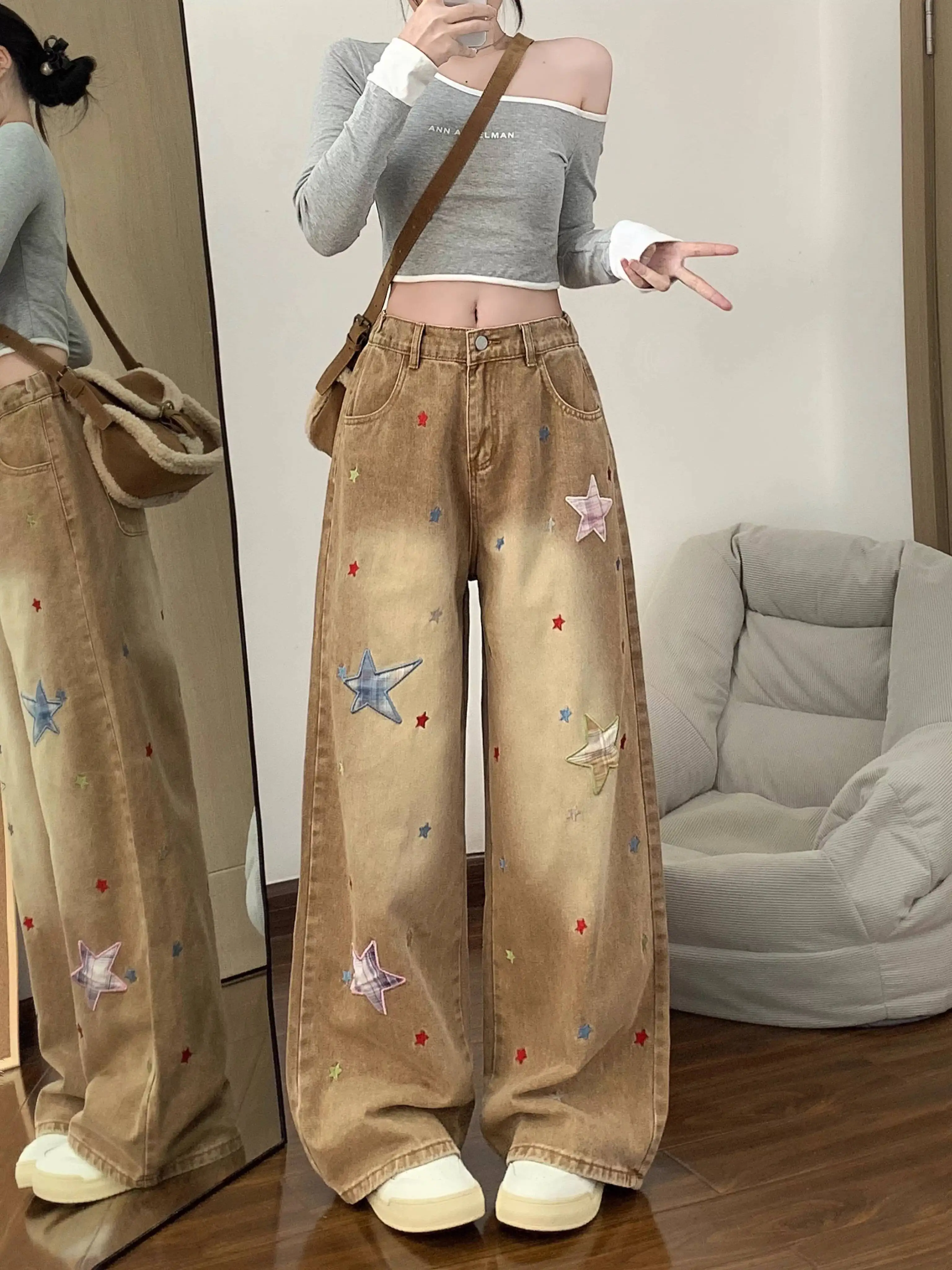 

Women's 2026 Spring Autumn Retro Star Patch Jeans Washed Brown Loose Wide Leg Baggy Denim Pants For Streetwear