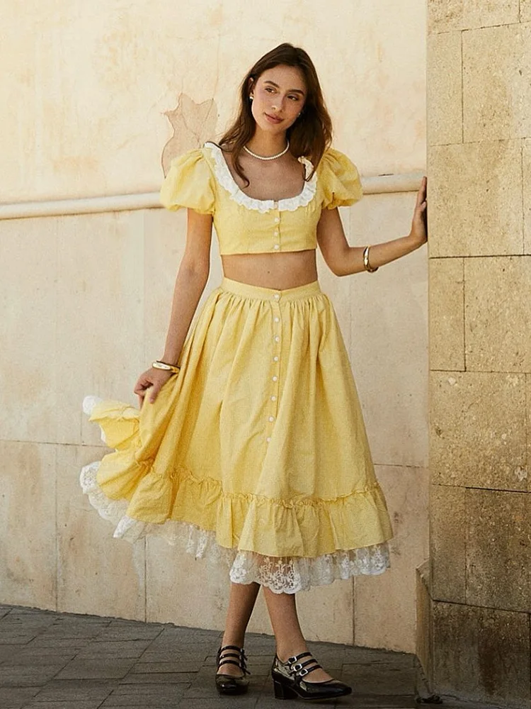 Foridol Gingham Printed Yellow Women Summer Dress Set Lace Top+skirt Sets Vintage French Style Midi Dress Oufits Plaid Vestidos