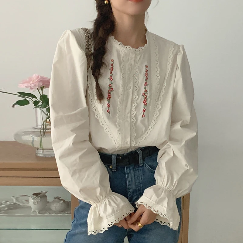 Chic printemps femmes ample décontracté rond Ne cloche Sve irt dentelle florale épissage doux confortable polyvalent Faionable