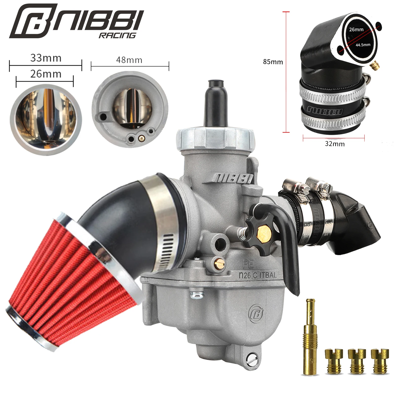 

NIBBI PE24/26mm Carburetor Kit GY6 Engine Intake Manifold 48mm Air Filter Fit Honda Yamaha 125CC-200CC Scooter Suzuki Dirt Bike