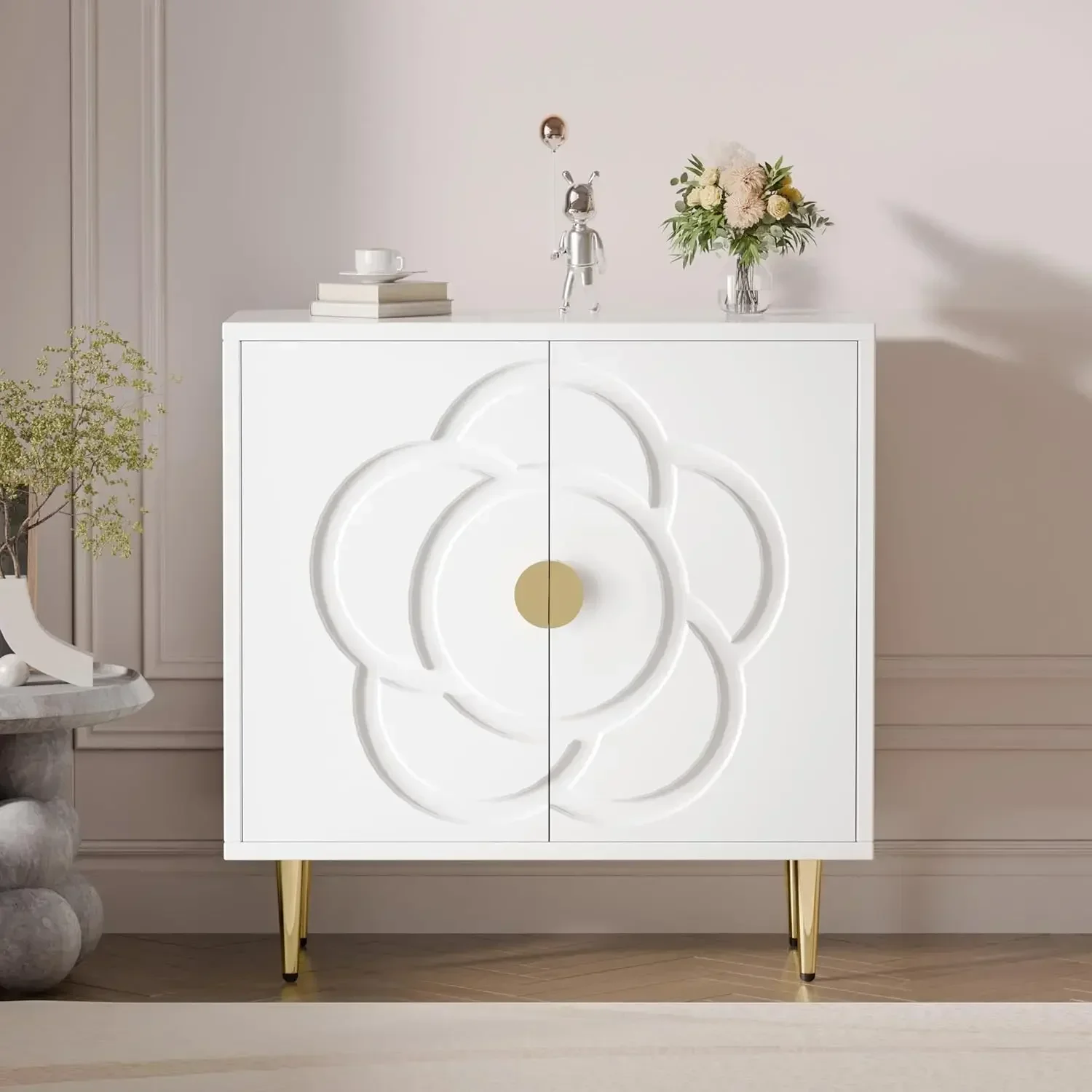 Storage , Modern with Decorative Flower Pattern Doors, Accent Sideboard Buffet Cabinet for Bedroom, Living Room, Kitchen,