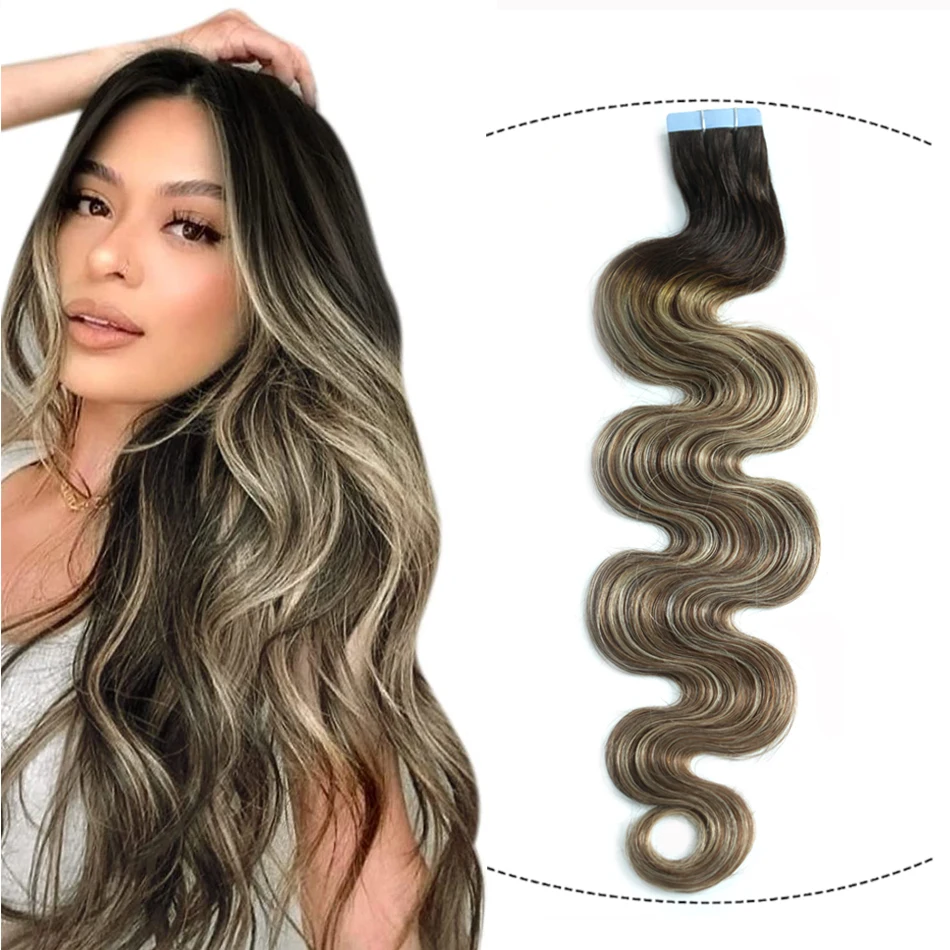 T2 6/60 Body Wave Remy Tape In Human Hair Extensions Balayage Dark Brown To Chestnut Brown And Platinum Blonde 20Pcs 12-26Inch