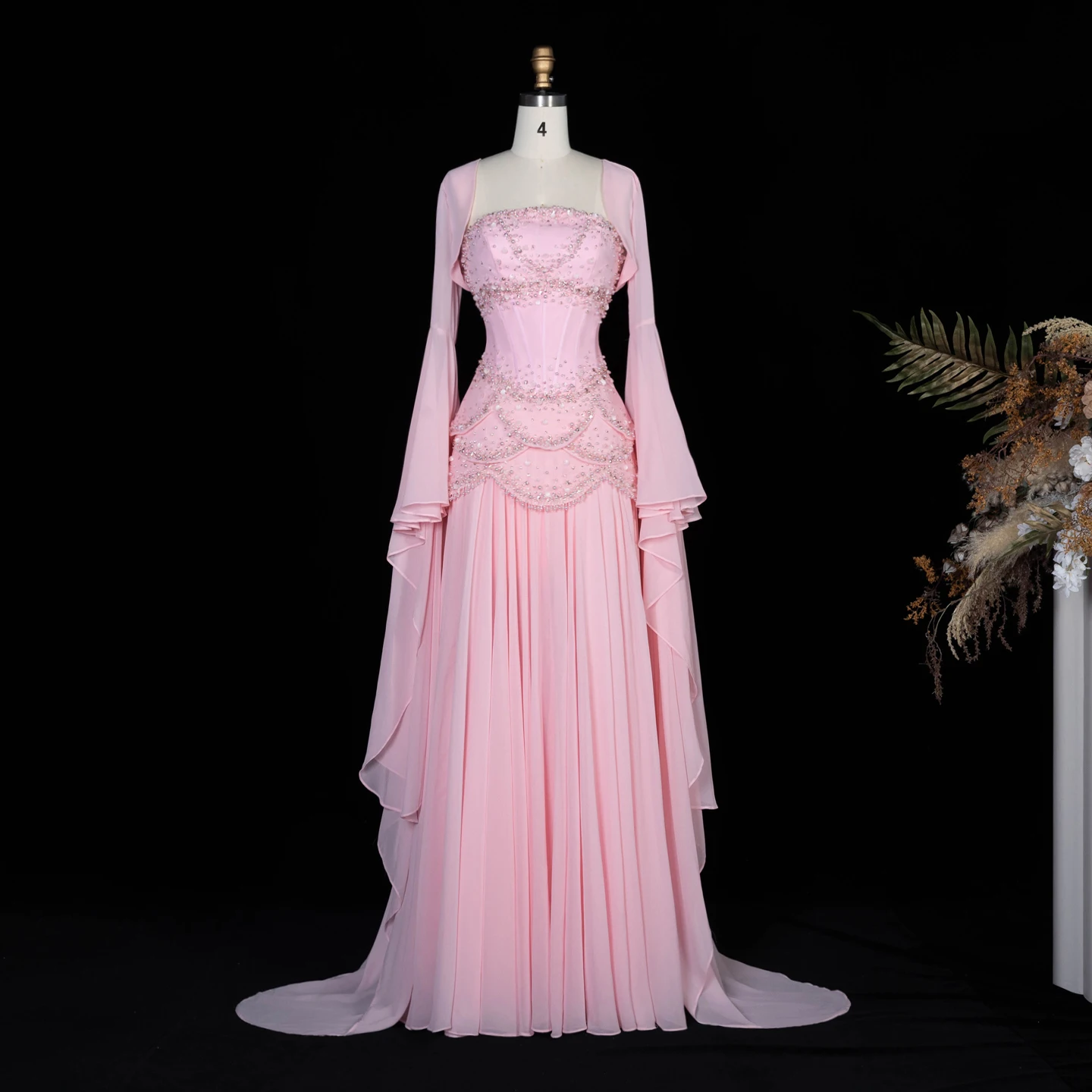 Sharon Said Elegantes Weinrot-Gelbes Abendkleid aus Chiffon mit Futter, Jacke und ausgestellten Ärmeln, Luxus SS286 SSCustomize – Detail 18
