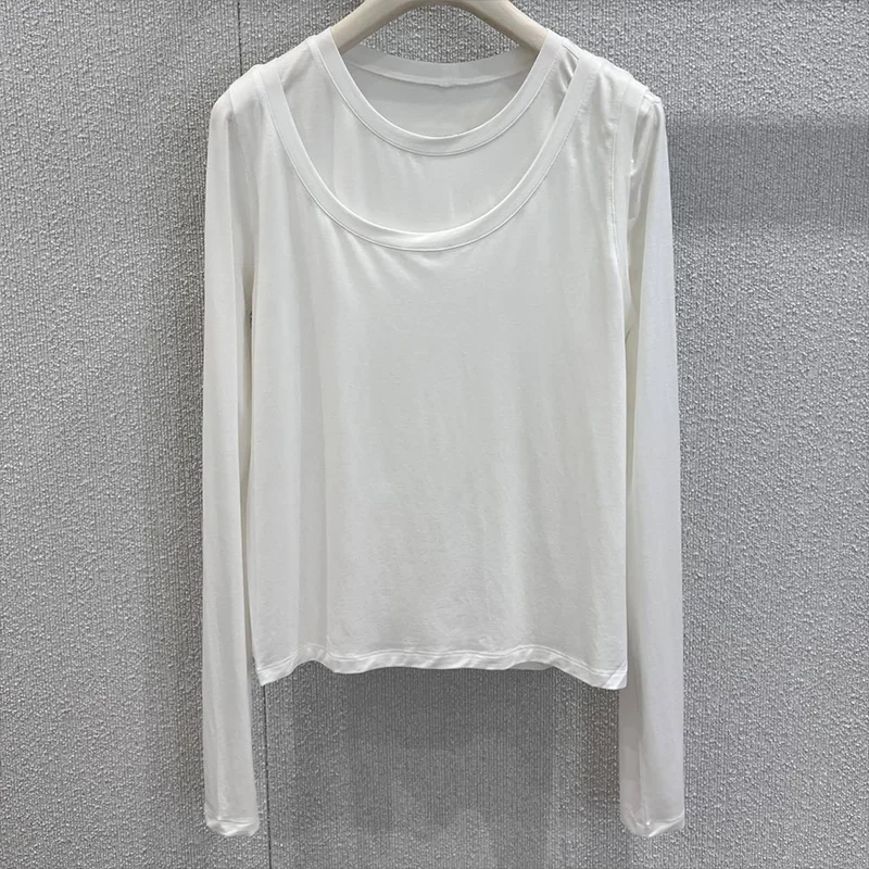 

High-quality women's long-sleeved t-shirt with double round collars, minimalist design, soft sexy texture 2591983